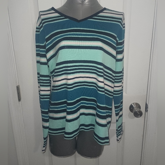 Striped V-Neck Long Sleeve Top - Picture 1 of 4